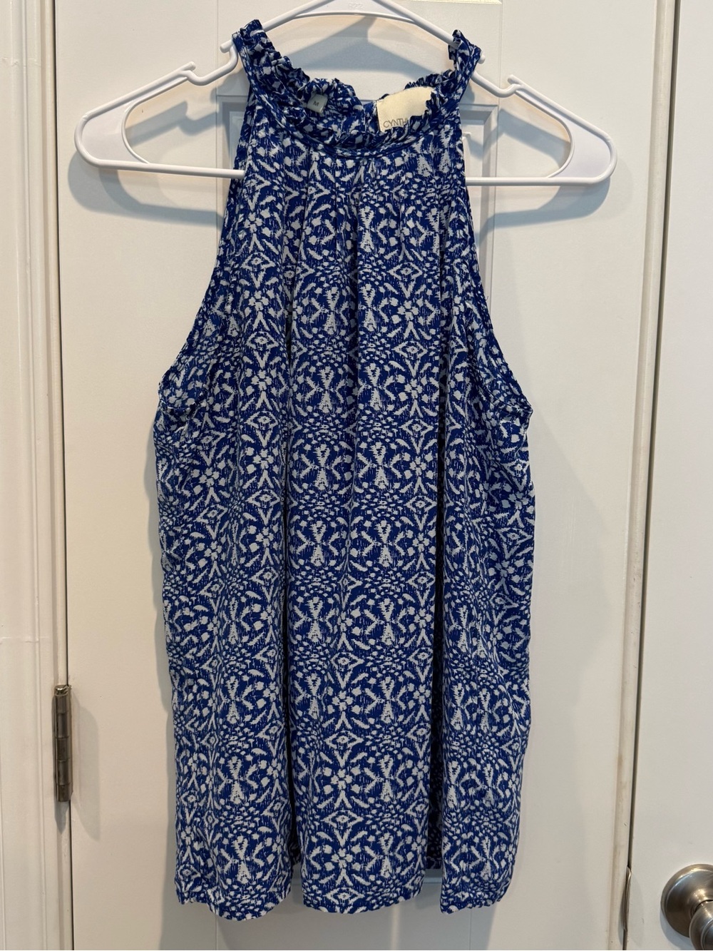 Cynthia Rowley Blue and White Halter Neck Silk Tank Top Medium - Picture 3 of 6